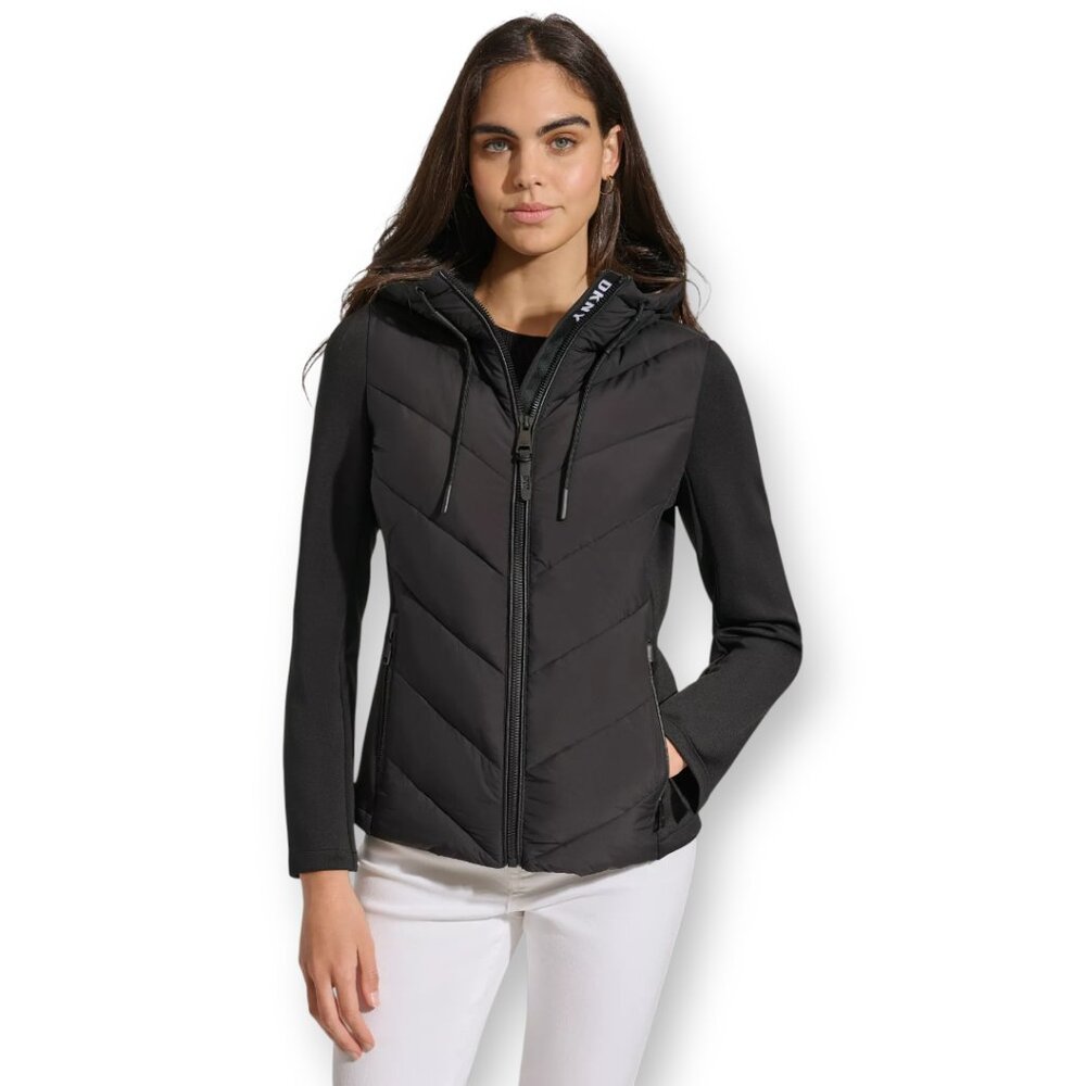 DKNY Sport Black Quilted Mixed Media Puffer Hooded Jacket Med NWT